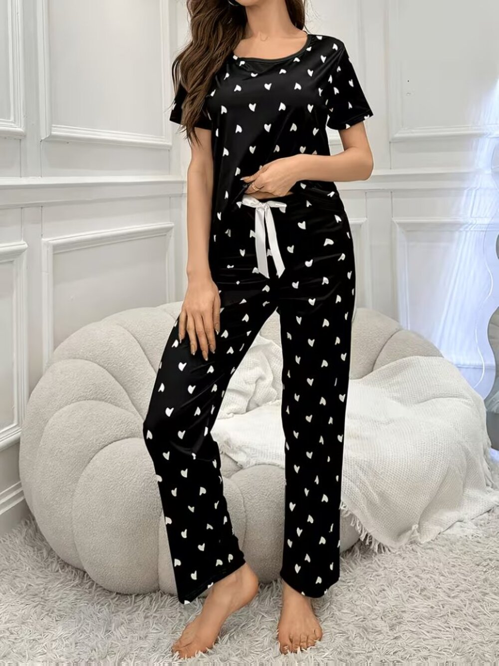 PJ'S - BLACK WITH WHITE HEARTS - Picture 2 of 2
